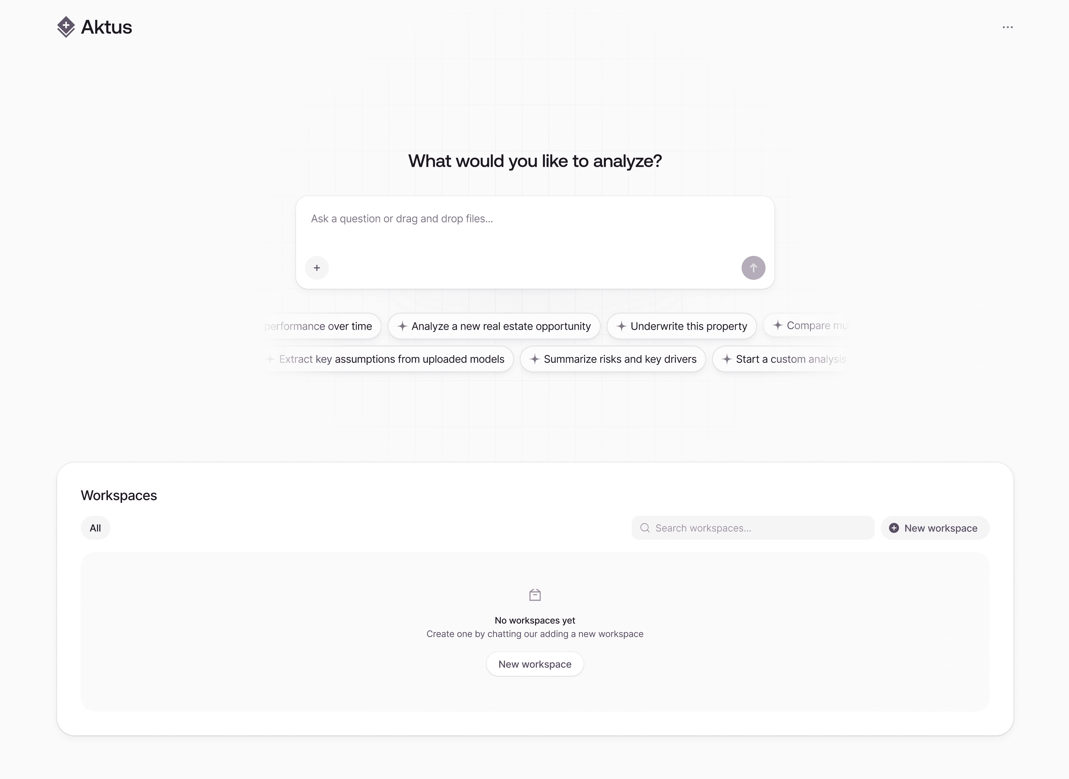 Aktus AI platform interface showing analysis workspace and prompt suggestions